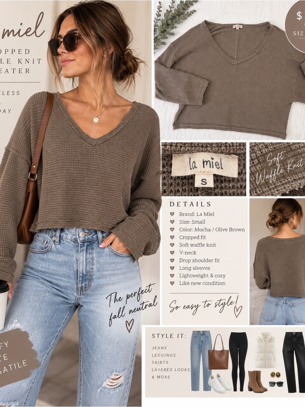 LA MIEL Mocha Olive Brown Cropped V‑Neck Waffle Knit Sweater